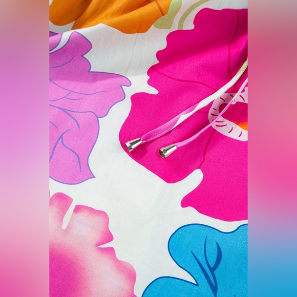 White Floral Print Split Neck Babydoll Dress Bohemian Mini - Picture 11 of 11